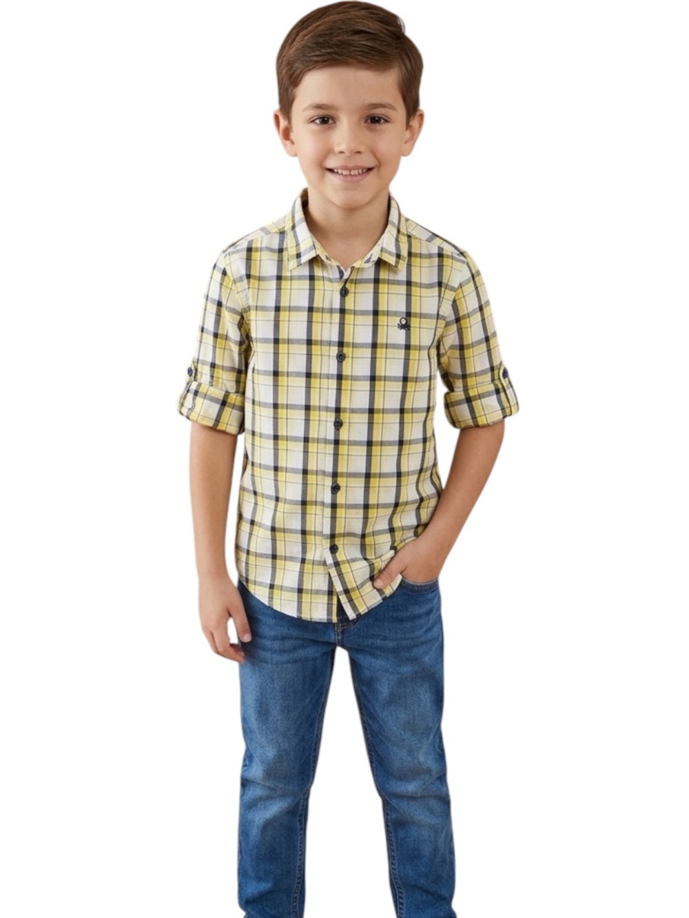United Colors of Benetton Boys Yellow Plaid Button Down Shirt Size S Convertible